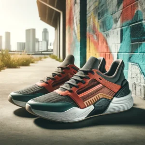 DALL·E 2024-06-07 09.00.33 - A pair of stylish men's athletic sneakers placed against a modern, urban backdrop. The sneakers feature a sleek design with a combination of vibrant c