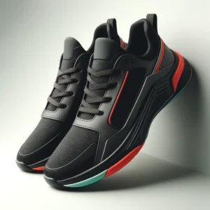 DALL·E 2024-06-07 09.01.28 - A pair of stylish men's athletic sneakers. The shoes should be modern, with a sleek design, primarily in a dark color like black or navy blue, accente